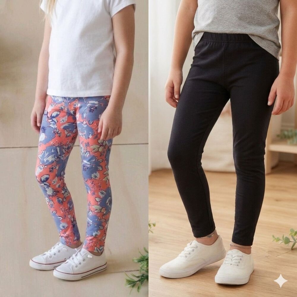 One Step Up Girls Leggings 2 Pack Solid Black Floral Pink Blue Pants Size S (4)